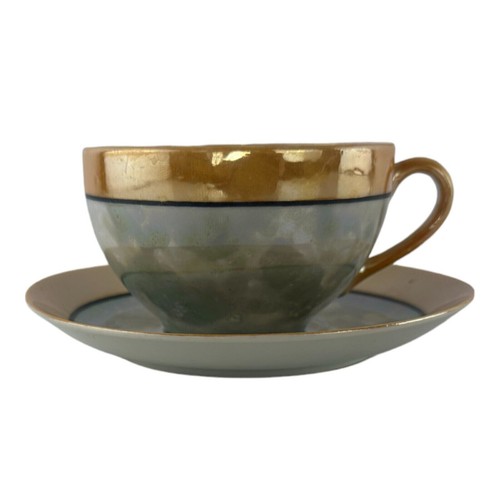Vintage Japanese Lusterware Tea Cup and Saucer Peach Gray Green and Black Japan - Picture 12 of 14