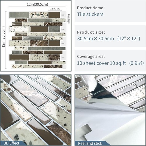 10Pck Brown Peel and Stick Self Adhesive Backsplash Wall Marble Tiles Stickers - Picture 7 of 9