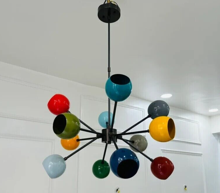 Mid-Century 8-Arm Sputnik Brass Chandelier – Painted Eyeball Shades Ceiling Light