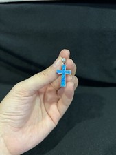 925 Sterling Silver Men's Boys Girls Womens Blue Opal Color Cross Pendant