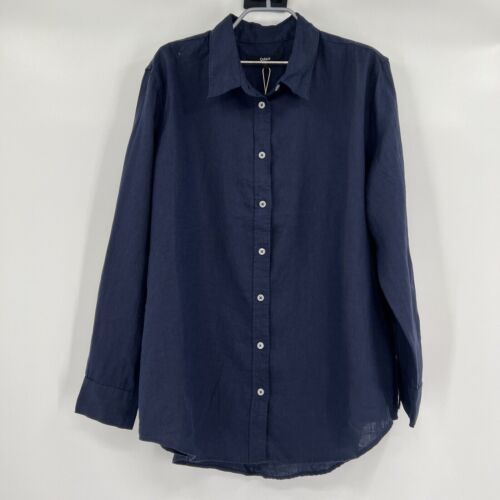 Quince Women's Navy Blue European Linen Long Sleeve Shirt sz XS Button Up Blouse