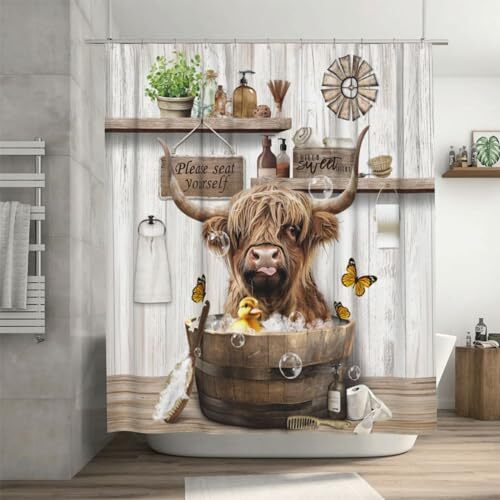 Farmhouse Highland Cow Shower Curtain Rustic Farm Cute Cow 72" Wx72" L Cow2 - Picture 8 of 8