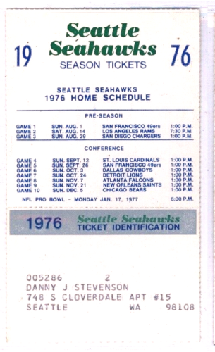 1976 Seahawks 'Season Ticket' Schedule Header Pocket Schedule +  3.5"x5.5" NM - Photo 1/2