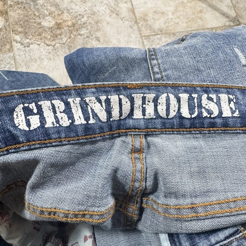 Grindhouse Jeans Mens 38x32 Blue Biker Moto Distressed Straight Leg Grunge - Picture 12 of 14