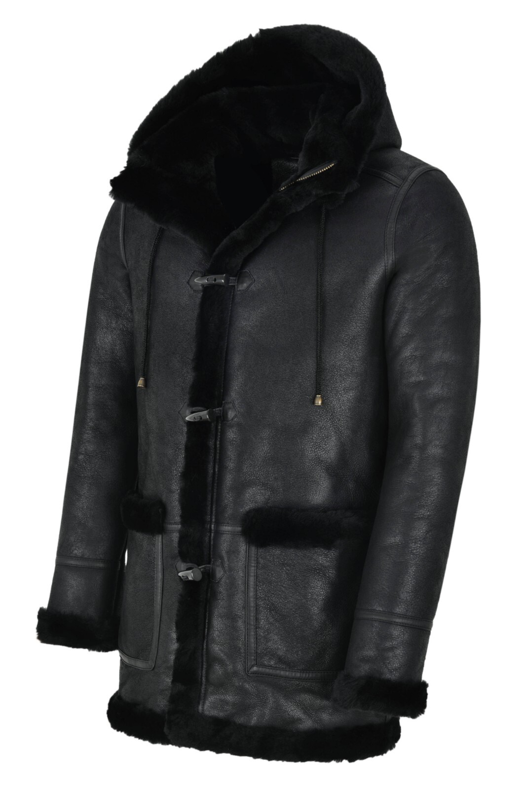 ALTRA Cappotto borsone uomo pelle di pecora nero pelliccia nera cappuccio 100% shearling ivar