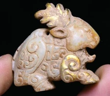 Old China Hongshan Culture Hetian Jade Carving Sika deer Deers Animal Statue 