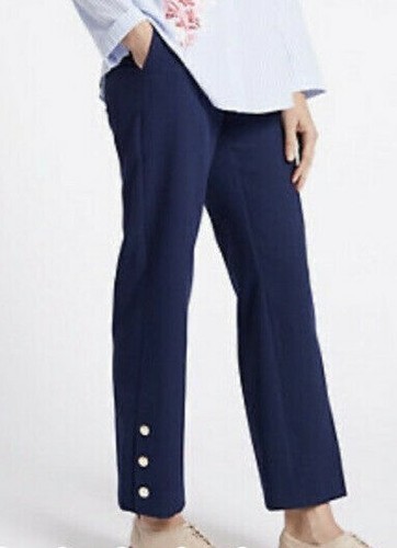 M&S PER UNA BUTTON DETAIL ANKLE GRAZER STRAIGHT TROUSERS IN NAVY SIZE UK 8R NEW | eBay