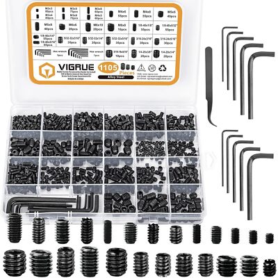 VIGRUE 1105PCS 25 Sizes Metric & SAE Set Screw Assortment Kit Internal Hex Dr...