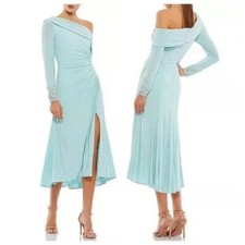Mac Duggal Powder Blue One-Shoulder Long Sleeve Midi Dress Size 0 $358
