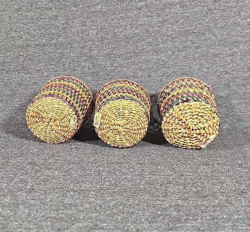 Vintage Woven Wicker Rattan Baskets Cup Glass Holder Boho Multicolor set of 3 - Picture 6 of 15