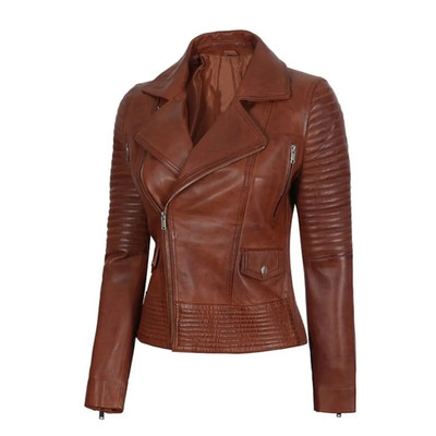 Women's Brown Genuine Leather Biker Jacket Slim Fit Asymmetrical Moto ALL SIZES