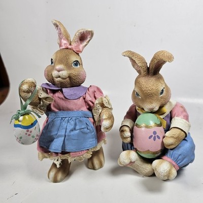 Easter Bunny Figurine Set 2 Resin Rabbit Spring Decor Yellow Blue Pink Pastel