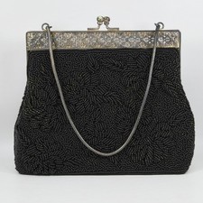 Vtg Black Beaded Purse Evening Bag Silver Tone Filigree Frame Rhinestone Clasp