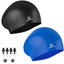Long Hair Swim Cap for Women 2 Pack Silicone Waterproof Ear Plugs Nose Clip