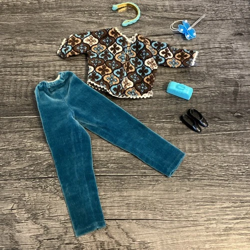 Vintage Barbie Size 1960s Outfit Set- Velvet Pants & Retro Top Set & Accessories