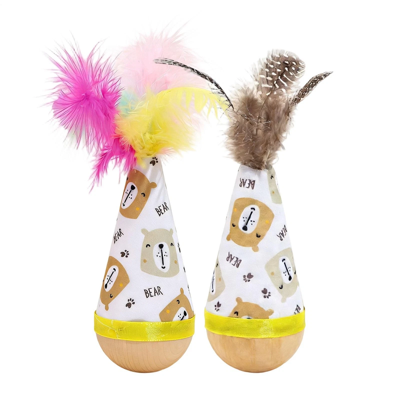 1 Piece Wobble Toy for Indoor Cats, Wooden Interactive Cat Toy with Feather