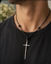 Men's Cross Pendant Necklace Hand Made Pewter with Black Cord