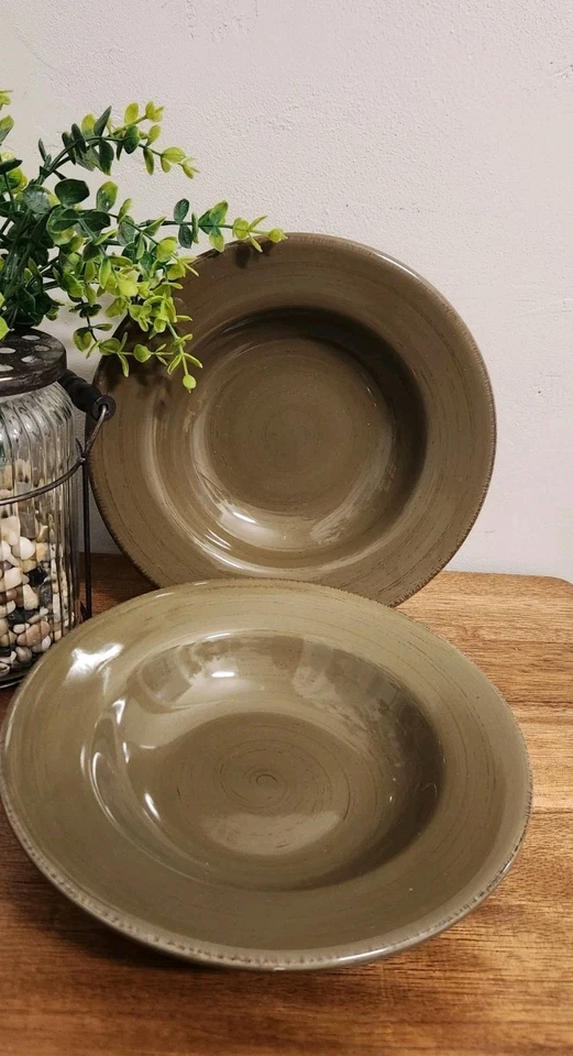 Tag Ltd Sonoma Olive Green 10" Rimmed Soup Pasta Bowl Green Brown Edge Set/2 NEW - Image 2 of 4