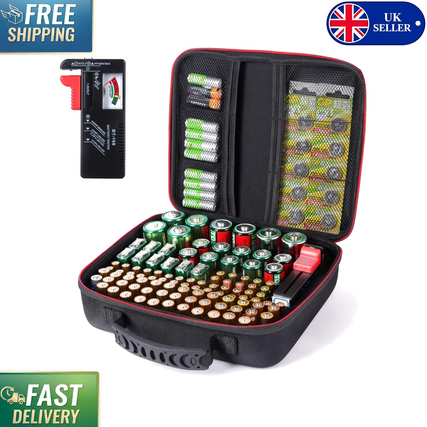 Battery Storage Case with Battery Tester BT168 - Organizes 104 Batteries