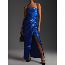 ML Monique Lhuillier Strapless Floral Satin Maxi Gown Blue Slit Dress Size 4