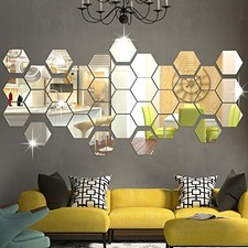 RW-103 36 PCS Acrylic Mirror Wall Stickers Hexagon Mirror Wall Decals Silver