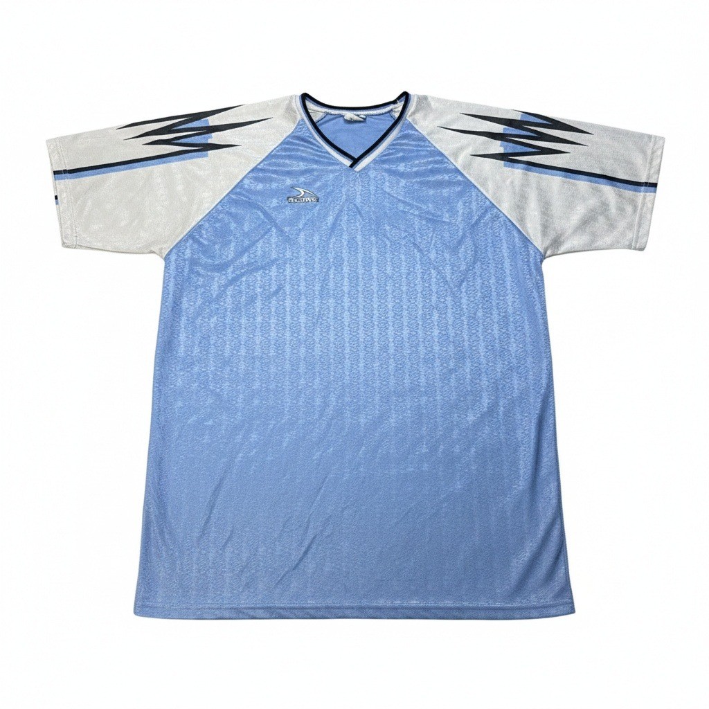 Vintage 90s SCORE Soccer Jersey L Blue Lightning Bolt #8 V-Neck USA