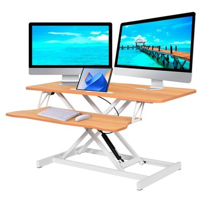 Standing Desk Converter-37-inch Height Adjustable, MDF Wood, Sit Riser-Beige 37''