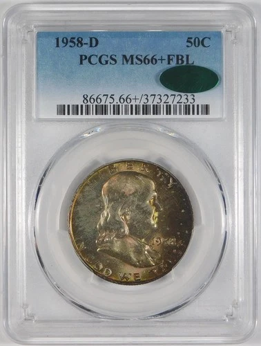 1958-D 50c Franklin Half Dollar Silver PCGS MS66+ CAC FBL **Full Bell Lines**