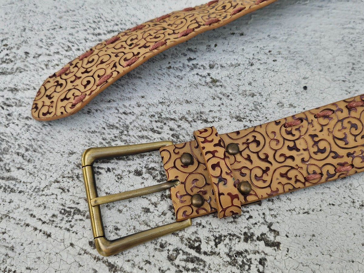 Women Belt Tan Faux Leather Engraved Design Wide Waistband Pin Buckle Size 32 Versatile Fashion Belt Retro Bronze Embossed Ethnic Style  main image 4