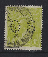 Australia 1927 KGV 4d olive Small Mult wmk P14 used OS perfin ASC 91 (3 3)