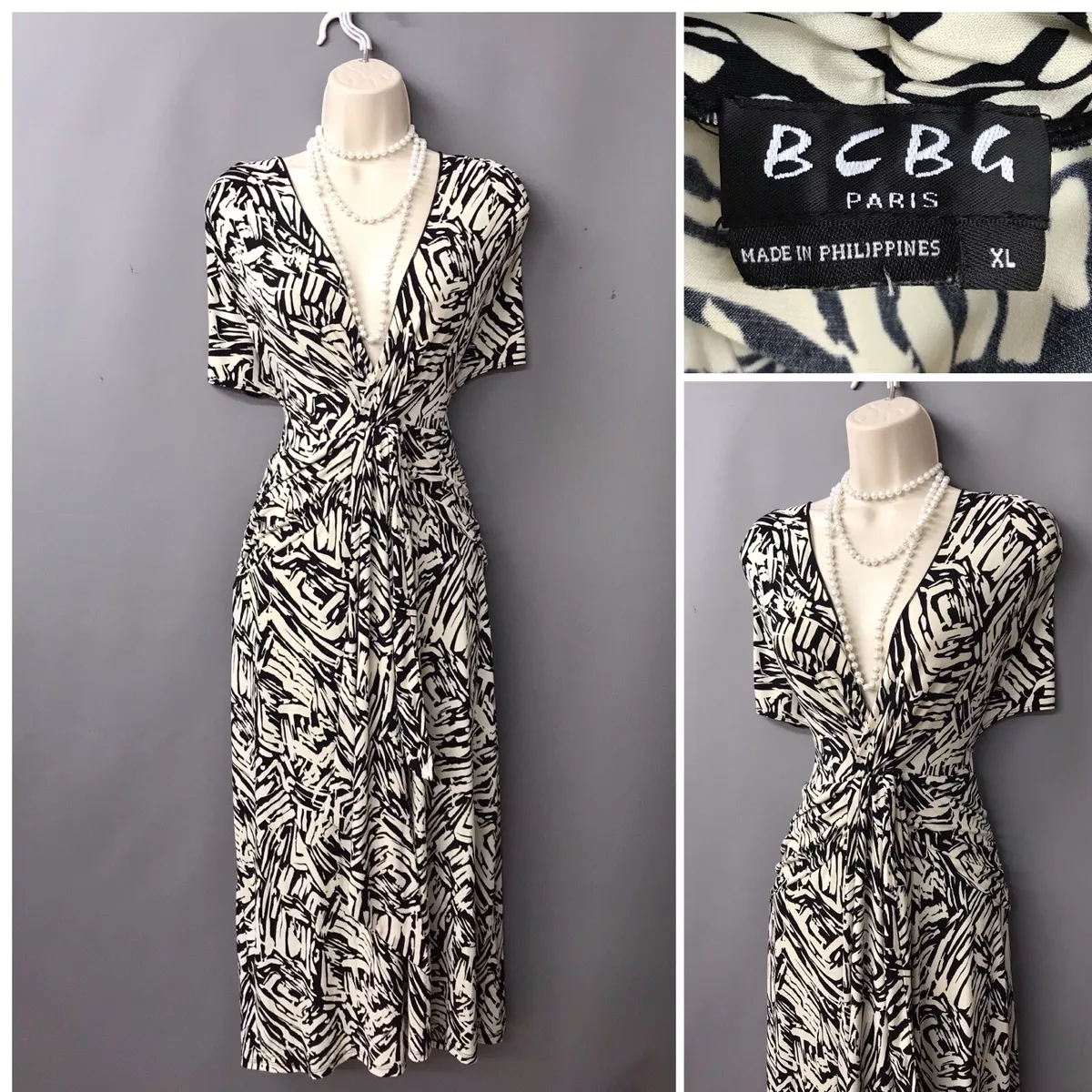 B.C.B.G Paris Cream Black Mix Twist Front Jersey Dress Small UK