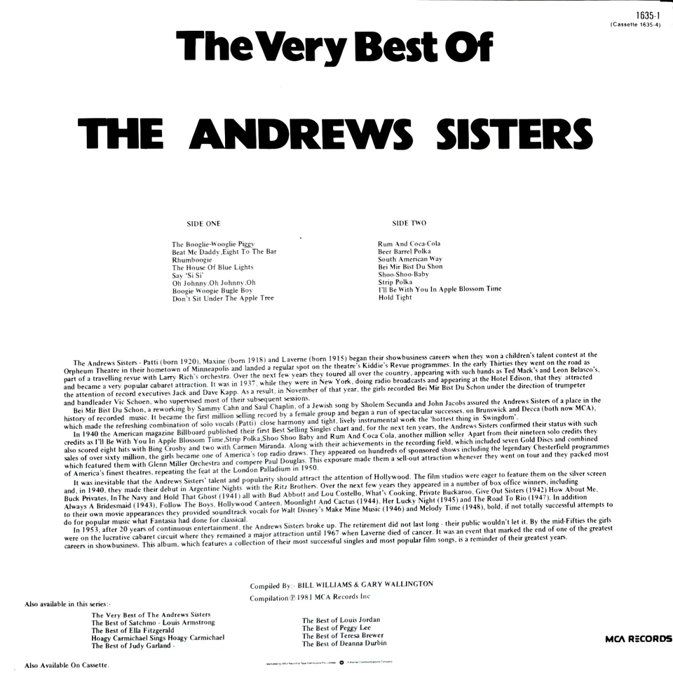 The Andrews Sisters – The Very Best Of Vinyl LP 1981 Australia MCA Records 1635- - Image 2 of 2