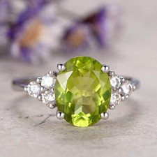 2ct Oval Cut Green Peridot Halo Engagement wedding Ring 14k White Gold Finish