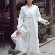 Women Linen Cotton Long Coat Jacket Chinese Kungfu Taichi Casual Top Frog Button