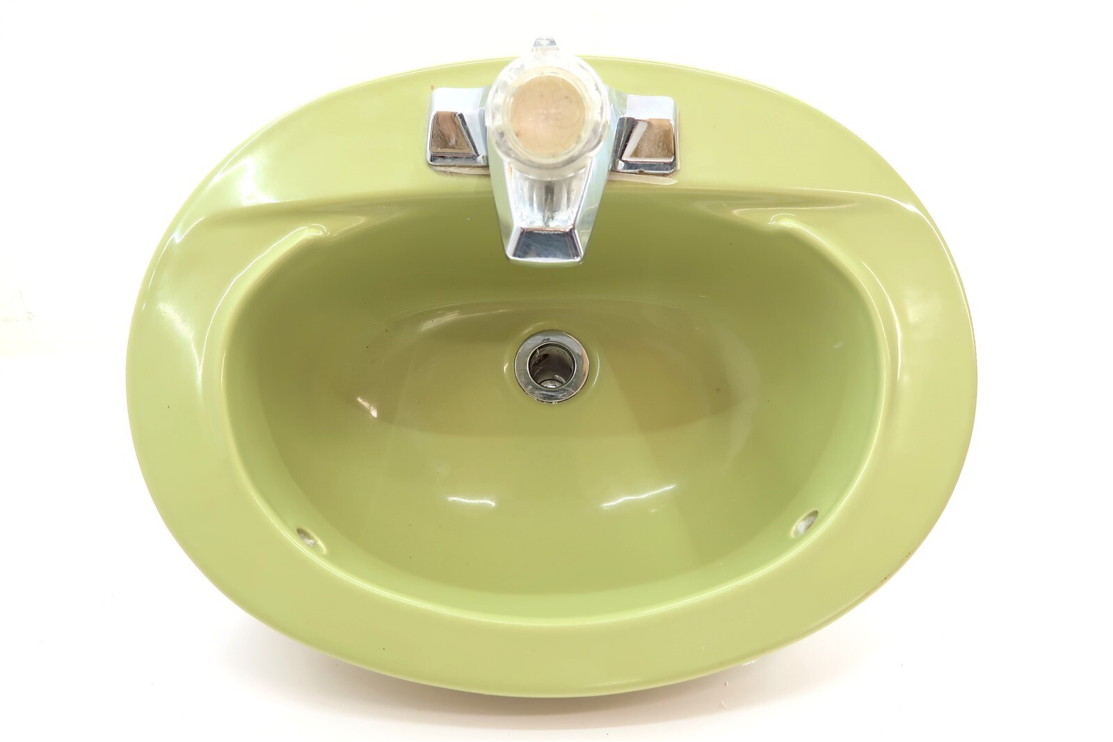 Vintage 1972 Avocado Green Bathroom Sink with Faucet Oval Shaped Drop