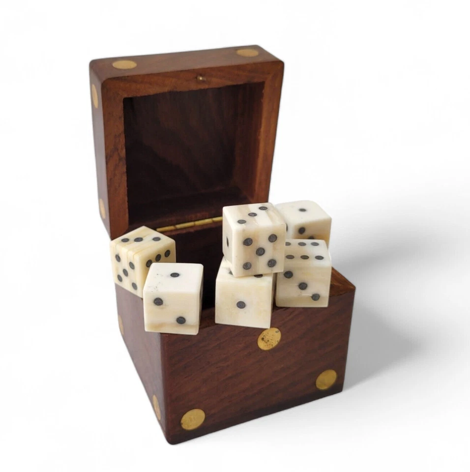 6 dados D6 de hueso de camello únicos raros dados cuadrados de seis caras de 16 mm con caja de madera de teca Foto 2 de 4
