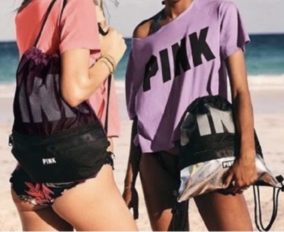 NWT Victoria s Secret PINK Black Metallic Mesh Drawstring Backpack Gym Bag Ruby