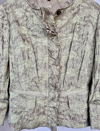David Meister Womens Long Sleeve Button Up Blazer Tan/Olive Ruffle Embroidered 8 - Picture 6 of 21