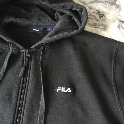 Fila Mens Classic Black Full Zip Logo Hoodie Sweatshirt Hooded Top Retro Large L - Picture 3 of 10