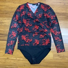 Tahari Floral Bodysuit Womens Small Black Red Mesh Long Sleeve V Neck Surplice