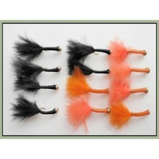 12 Copper Wire Buzzer trout flies, Orange & Black Marabou tail, size 12