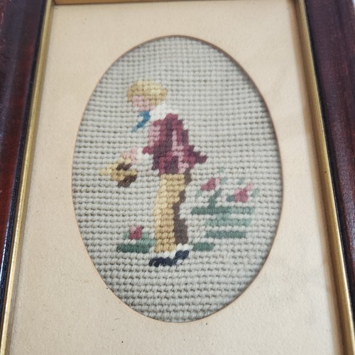 Viktorianischer Junge Mädchen Spitzenstickerei fertig gerahmt Paar Bilder Vintage - Bild 4 von 9