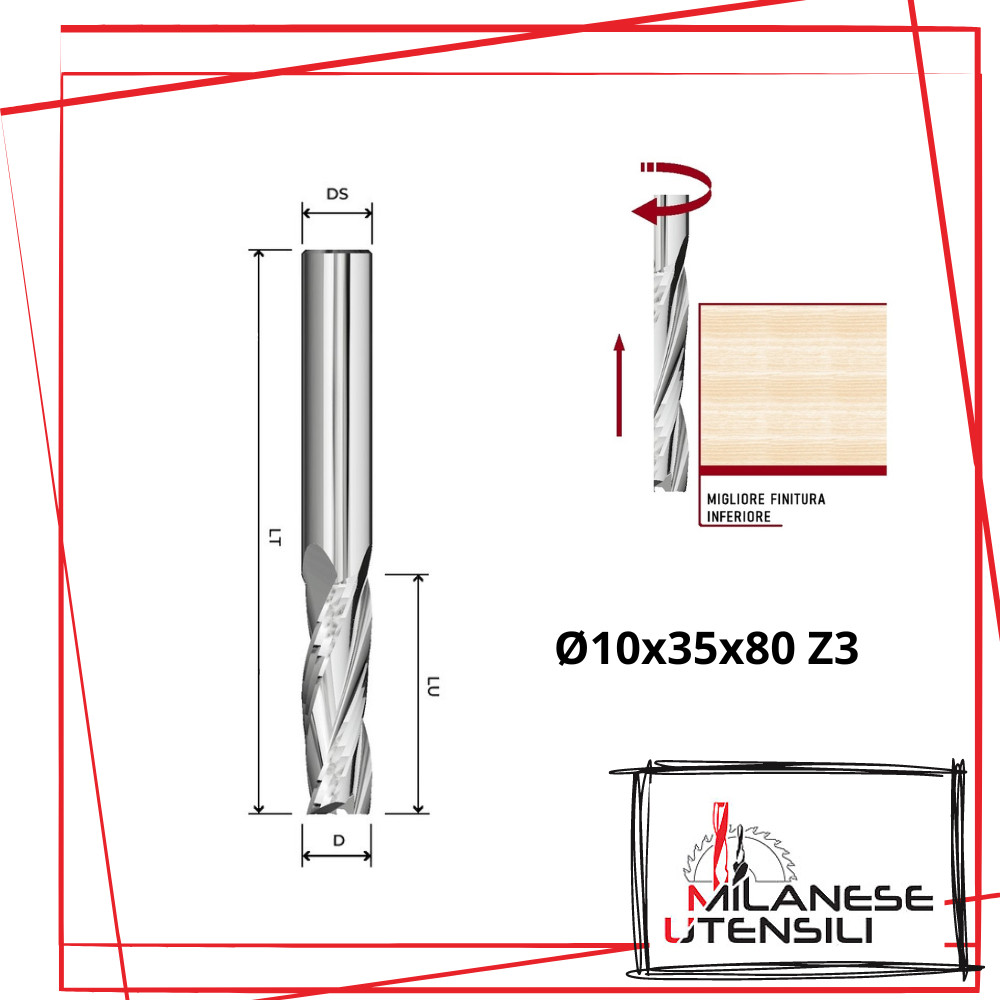 Fresa CNC Legno Z3 d.10mm Milanese Utensili - Taglio Elicoidale Positivo