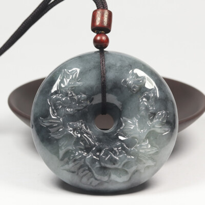 Certified Grade A 100% Natural Black Green Jadeite Jade Pendant Flower SE04359