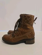 Taos Factor Combat Boots Women's Leather Brown Zip Up Lace Quilted 38 US 7/7.5