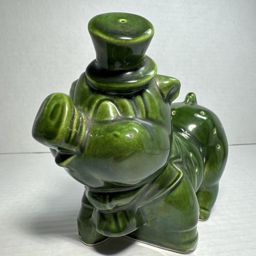 Vintage MCM Ceramic Pig Toothpick Holder Green Glossy Finish So Cute W/ Top Hat - Picture 2 of 12
