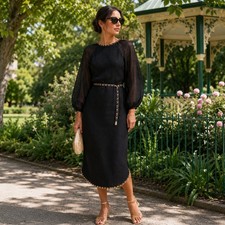 Zimmermann Black Linen Midi Dress Size 0 Petite UK 6 BNWT Gold Chain Trim