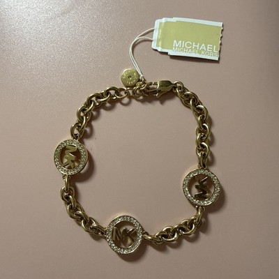 Michael Kors Fulton Chain / Logo Crystal Pave Bracelet Gold New with Tag.No Box