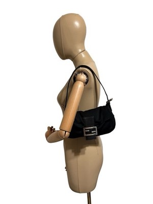 Vtg Fendi Black Leather Neoprene Baguette Bag