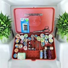 Vintage Wilson Wil-Hold Thread FULL Storage Box Orange Sewing Scissors EXTRAS